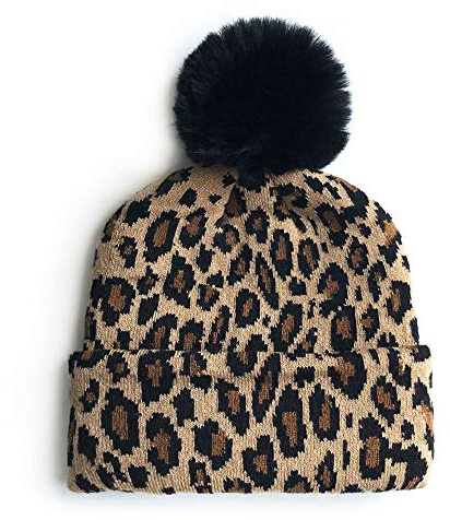 MoonyLI Enfants Hiver tricoté Chapeaux léopard imprimé à Revers Bonnet Boule de Fourrure Pom Pom Casquette Unisexe Enfants Bonnet Chapeau Casquette Chaud Chapeaux d'hiver