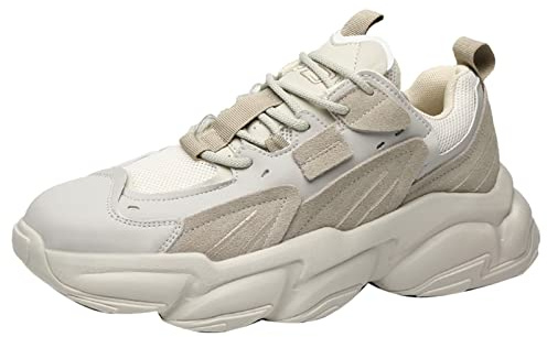 Jamron Herren PU + Mesh Sportschuhe Modische Chunky Sneakers Keilabsatz Turnschuhe Beige SN071023 EU42