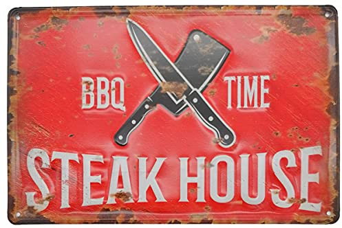 Steakhouse BBQ, retro plåtskylt, präglad grillplats, köksskylt, grillplatsskylt, dörrskylt, väggskylt, dekoration 30 x 20 cm