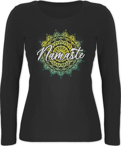 Langarmshirt Damen - Yoga und Wellness Geschenk - Namaste Vintage - L - Schwarz - Shirt Blume des Lebens Langarm Yoga-Bekleidung Meditation namastee Shirts Oberteil Yoga-Kleidung spirituelle