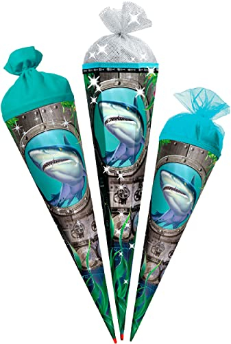 alles-meine.de GmbH mit Glitzer Folie ! Schultüte - Hai Fisch 70-85 cm Größe wählbar mit Holzspitze Zuckertüte - Tüllabschluß/Filzabschluß - eckig/rund - Jungen -..