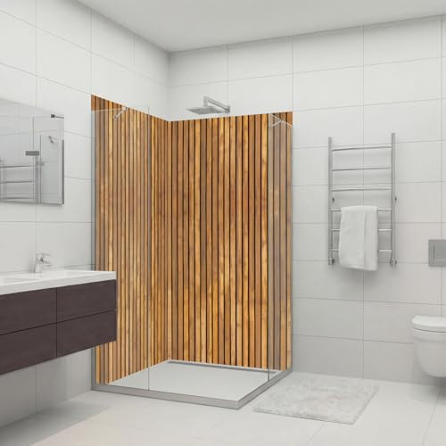 Dedeco 2x Premium Bad Duschrückwand mit Motiv: Holz V6, 80x210cm, wasserfest, hochwertig fugenlose Wandverkleidung aus 3mm-Alu-Verbundplatte, Fliesenersatz ohne Bohren, Made in Germany