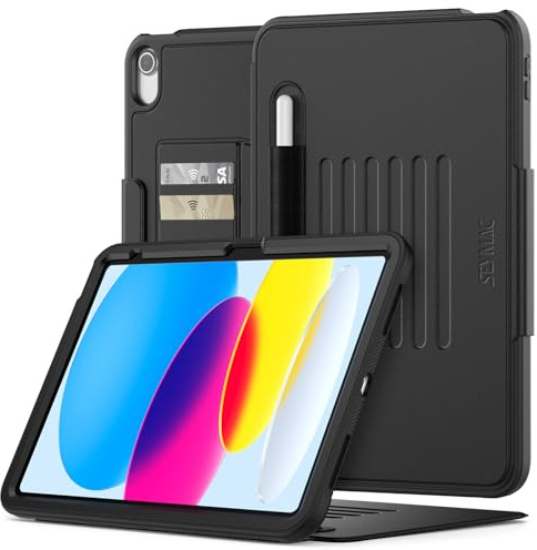 SEYMAC Hülle für iPad A16 11./10.Generation 2025/2022(11/10,9 Zoll)-Schwarz | Stoßfeste Hülle mit Automatischer Sleep/Wake-Magnetverschluss, Kartenfächer, Multi-Winkel-Ständer und Stifthalter