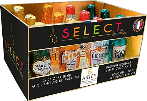 ABTEY SELECT Premium Liqueurs in Dark Chocolate 155g - 3 x Marc de Champagne, 3 x Cointreau, 3 x Gibson's Gin & 3 x Saint James Rum