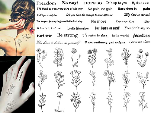 SUGERU 54 Stück temporäre Tattoos, radierbar, wasserfest, langlebig, temporäre Tattoos, für Erwachsene, Männer, Frauen, 24 inspirierende Zitate + 30 Stück Wildblumenmotive