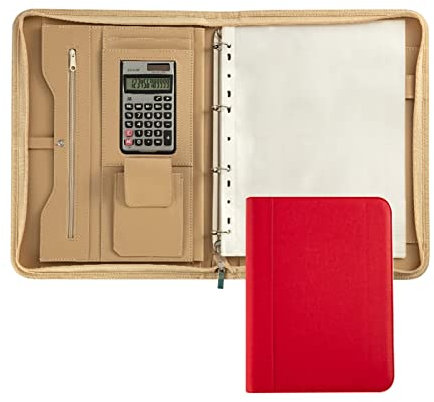 Schreibmappe A4 Konferenzmappe Portfolio PU Leder Business Präsentationsmappe Mit Reißverschluss Ringbuch Mit Nachfüllbar Notizblock Aktenmappe Für Damen Herren ( Color : Red , Size : 12-digit calcula