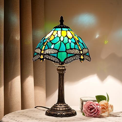 Blivuself Tiffany - Lámpara de vitral, diseño de libélula verde para dormitorio, mesa de lectura, para mesita de noche, sala de estar, oficina, dormitorio, comedor, decoración