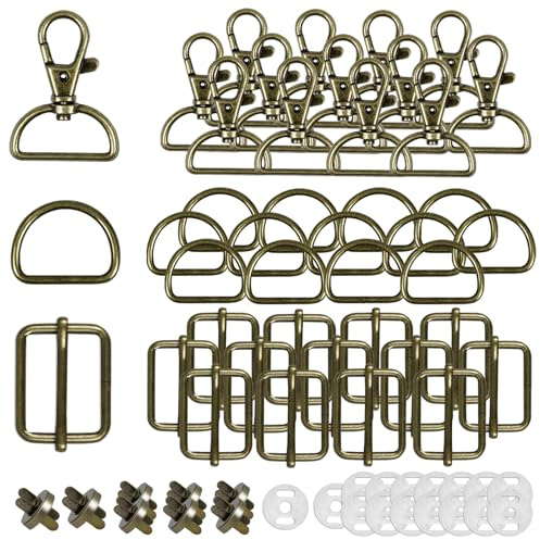 50 Stück Drehbare Karabinerhaken Mit Drehgelenk Taschenzubehör Zum Nähen | Schlüsselanhänger D-Ringe Triglide-Schiebeschnalle Gurtversteller Metall Magnetknöpf Schnallen für DIY Nähen Zubehör