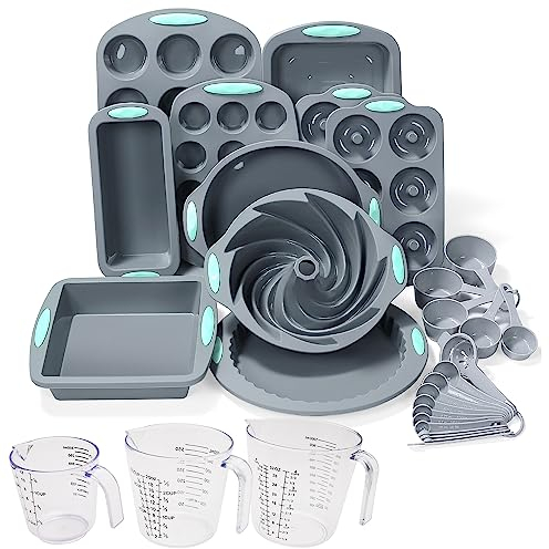 To encounter 30 in 1 Silicone Baking Set - 10 Silicone Baking Cake Pan, Cake Molds, Cookie Sheet, Donut Muffin Pan with Measuring Cups and Spoons Set