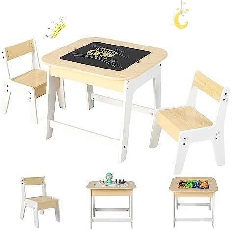 COSTWAY Kindertisch mit 2 Stühlen, 3 TLG Kindersitzgruppe Holz mit Doppelseitiger Tischplatte, 3 in 1 Zeichentisch & Basteltisch & Aktivitätstisch mit Stauraum für Kleinkinder (Natur+Weiß)