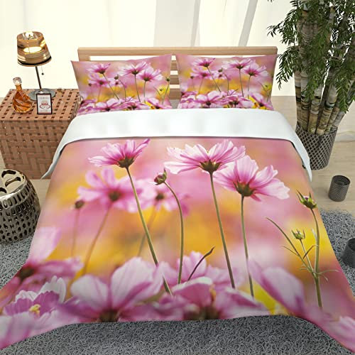 VACSAX Copripiumino Matrimoniale 260x240, 3D Piccoli Fiori Rosa Stampa 3 Pezzi Set Di Biancheria Da Letto Matrimoniale In Microfibra Copripiumini Con Cerniera E 2 Federe Bedding Adatto Adulti