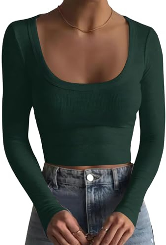 TrendiMax Långärmad damtröja djup hals långärmad toppar crop toppar stretch tröja casual t-shirt, Mörkgrön, S