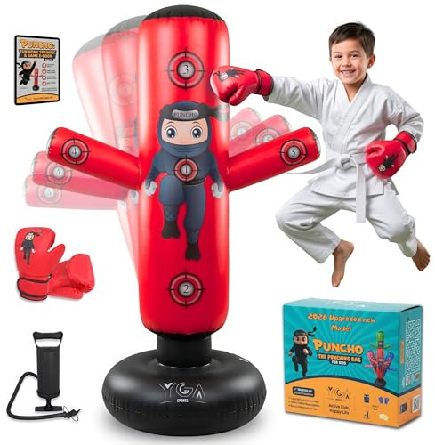 PUNCHO Punching Bag for Kids - 63 Kid Boxing Bag Set & Birthday Gift: Kids Punching Bags 3-8 with Gloves, Pump, PUNCHO eBook - Inflatable Punching Bag for Kid 8-12 with 5 Targets for Speed Boxing