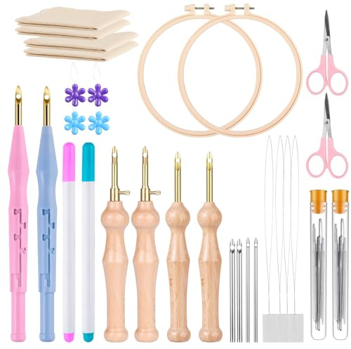 Stickerei Starter kit, Stickgarnituren Verstellbare Garnstanznadel Punch Needle, Stickstift aus Holzgriff, Stanznadeltuch, Nadelfädler, für Handwerk Stitching Applique-Verzierungen Anfänger(Blue+Rosa)