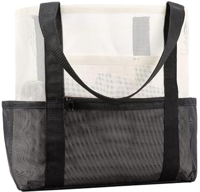 nanologi 35L Mesh Strandtasche, Große Einkaufstasche Spielzeugtasche für Damen und Herren mit 7 Taschen Sporttasche Strandspielzeugtasche Beachbag für Strand/Reisen/Pool/Urlaub - Weiß und Schwarz