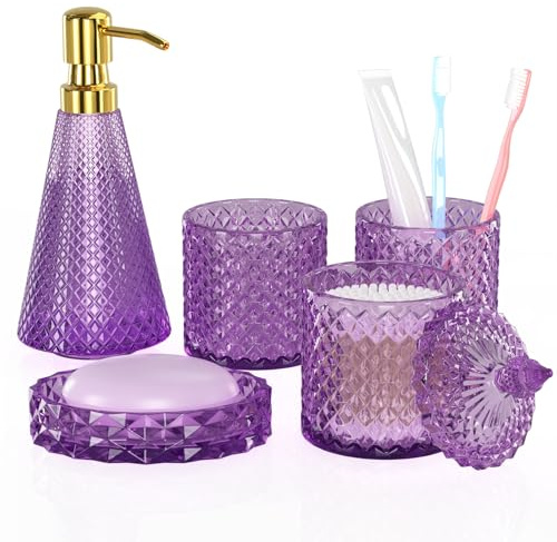 Purple Glass Bathroom Accessories Set 5 Pcs, Purple Bathroom Set, Soap Dispenser and Toothbrush Holder Set, Qtip Holder Set, Vintage Bathroom Sink Set, Cute Bathroom Decor