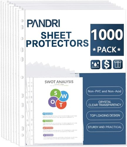 Sheet Protectors, PANDRI 1000 Pack Clear Heavy Duty Plastic Page Protectors Sheet Reinforced 11-Hole Fit for 3 Ring Binder Fits Standard 8.5 x 11 Paper, 9.25 x 11.25 Top Loaded, Excluding Acid