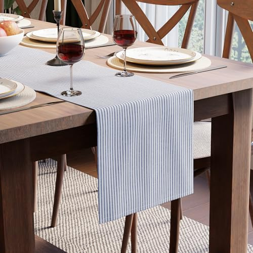 Encasa XO Cotton Dining Table Runner, Checks & Stripes 32x240 cm Blue