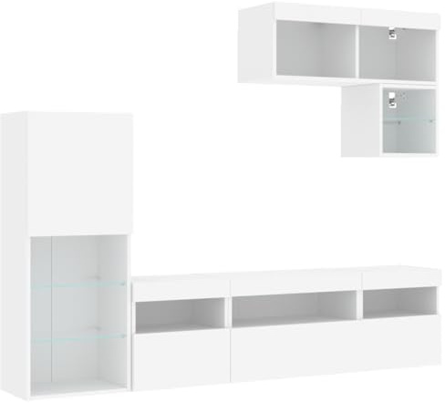 vidaXL Wohnwand 6-TLG., Schrankwand mit viel Stauraum, Anbauwand mit LED-Beleuchtung, Wandmontage Fernsehschrank Wohnzimmer Set Schrank, Weiß Holzwerkstoff