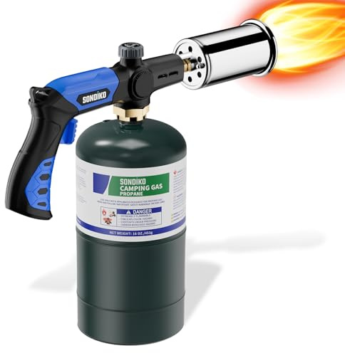 Sondiko Torche puissante au propane L8010, sous vide, allume-feu de camp, brûleur à bois réglable pour saisir le steak, le barbecue, le soudage (bleu et noir) réservoir de propane non inclus
