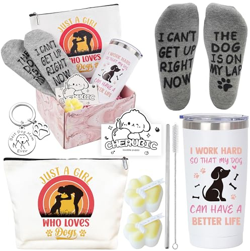 Dog Lovers Gifts for Women - Dog Mum Birthday Gifts with Travel Tumbler Mug Makeup Bag Keychain Paw Candle Pet Lovers Relaxing Gift Basket for Best Friend Sister Mum