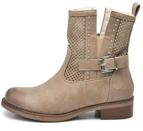 IF Botas de motorista para mujer, perforadas con hebillas para primavera, verano, piel sintética, efecto vaquero, GR-6656, 677 Khaki, 39 EU