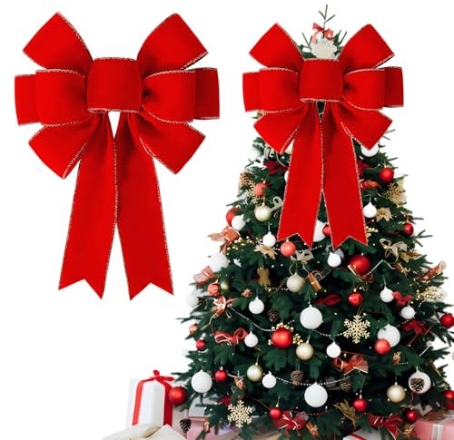 Fiocco di Velluto di Natale, Fiocchi Rossi Albero di Natale, Fiocco di Ghirlanda di Natale Fiocchi Glitterati, per Confezioni Regalo, Decorazioni Albero di Natale, Decorazioni di Natalizie (A)