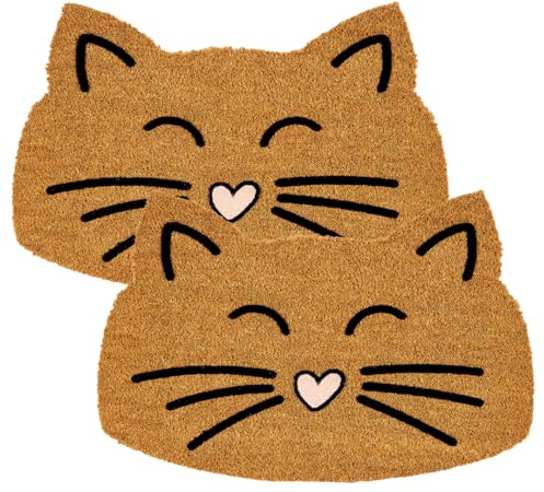 Fußmatte Kokos - Rutschfeste Kokosmatte Katze 2er Set - 40 x 60 cm (Oval) | Natürliche Fussmatte Innen Kokosmatte rutschfest Schmutzfangmatte Türmatte überdachter Außenbereich Kokosfußmatte mit Motiv
