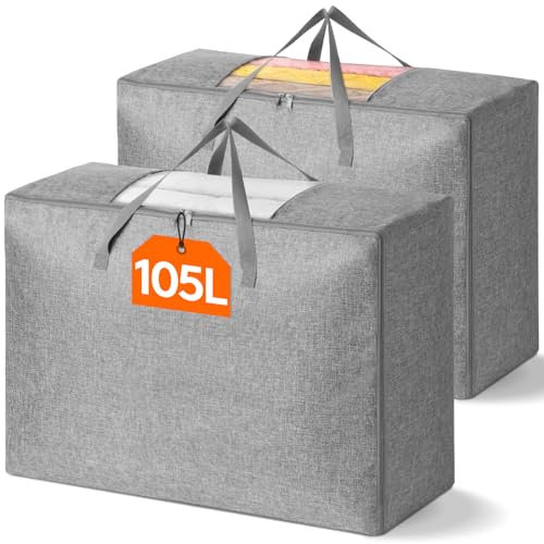 Lifewit Set di 2 Contenitori Vestiti 105L, Grandi Scatole per Armadio, Borsa per Trasloco con Manici Rinforzati, Scatole per Vestiti Cambio Stagione, Organizer sotto Letto per Trapunte, Coperte