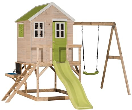Wendi Toys M24-K Spielhaus aus Holz-FSC mit Rutsche, Küche, Stelzenhaus Kinder Outdoor 330×350×242 cm, mit Schaukel, Tafel, Wasserbecken, wetterfest