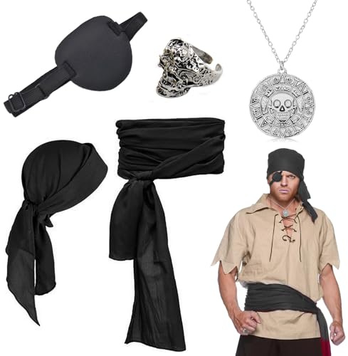 Piraten Accessoires Set, Mittelalter Piratenkostüm Zubehör Set, Damen Herren Piraten Verkleidung Accessories, Kopftuch Augenklappe Halskette für Fastnacht/Halloween/Mottoparty Cosplay Party (schwarz)