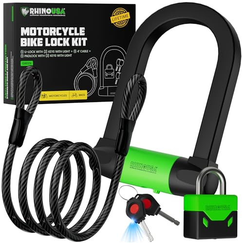 Rhino USA Bike Lock Set - Heavy Duty Anti Theft U Lock, 4FT Steel Security Cable, Padlock, 4 Lighted Keys. Dual Purpose Locks for EBike, Motorcycle, Electric Scooter, Bicycle