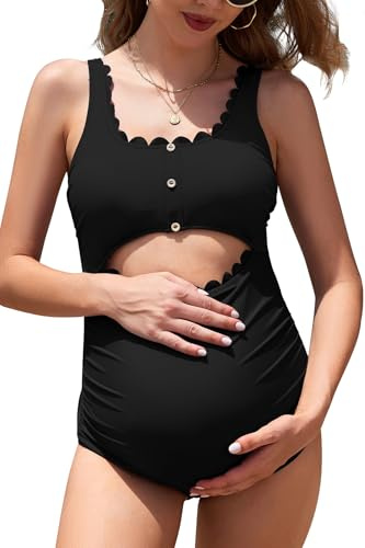 SHEKINI Costume da bagno da donna Premaman Scalloped One Piece Cut Out Gravidanza Costume da bagno, Nero , XL