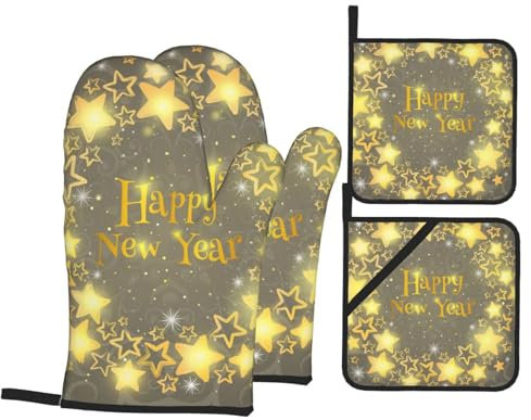 Ofenhandschuhe und Topflappen, goldfarben, Weihnachtskranz, Kreis, hitzebeständig, Küchen-Backhandschuhe, rutschfeste Oberfläche zum Kochen, Backen, Grillen, Grillen