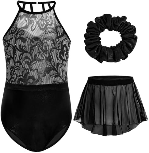 Gogokids Filles 3 PCS Ensemble de Gymnastique Halter, Enfants Justaucorps de Gymnastique avec Design en Strass & Maille, Ballet Scintillant Comprend Justaucorp, Jupe en Mousseline &Hairband pour 11-12