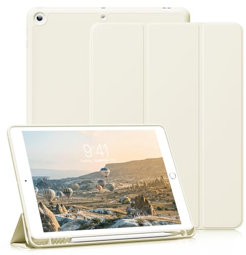 ZKTUYU Hülle für iPad 9./8./7. Generation 10,2 Zoll 2021/2020/2019 | Weiche TPU Schutzhülle mit Stifthalter, Trifold Ständerhülle, Auto Schlafen/Wachen, für iPad 9/8/7 Gen, Cremeweiß