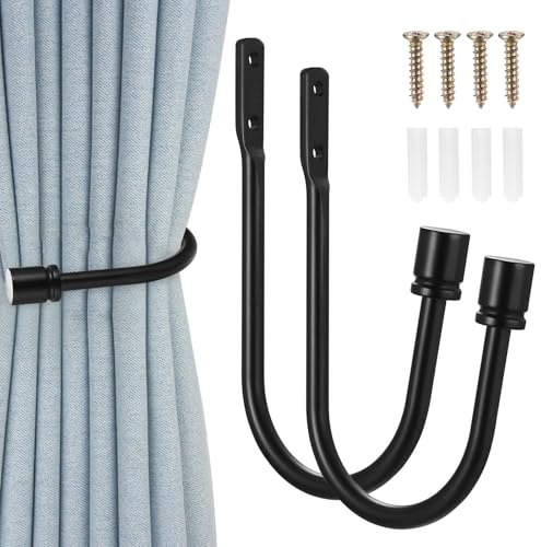 2 Pcs Black Wall Mounted Drapery Holdbacks & Tiebacks | Sturdy black wall-mounted drapery holdbacks & tieback hooks. Easy install, holds curtains or hanging items.