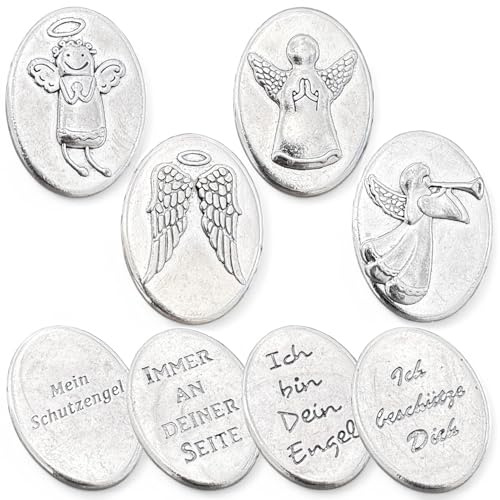 MIJOMA Ángel de la guarda monedas – Juego de 4 amuletos de la suerte de metal | Ángel de la guarda para llevar | Práctico ángel talismanes para bolso y cartera