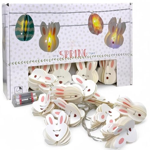 MIJOMA LED-Lichterkette 2,7m – Batteriebetrieben mit 10 warmweißen LEDs & 3D-Papierfiguren – Stimmungsvolle Frühlings- & Osterdeko mit Timer-Funktion (Osterhase)