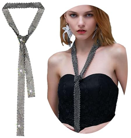 JK Home Glitter Sparkle Long Crystal Ties for Women Sparkling Rhinestone Girls Hair Neck Tie Neckerchief Thin Necktie for Party Prom Wedding Cosplay Beach Daily Black Colorful
