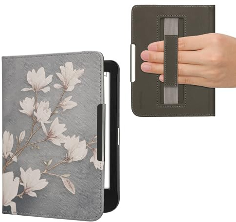 kwmobile Fällbart fodral kompatibelt med Kobo Clara BW/Clara Colour/Tolino Shine (5)/Shine Color fodral – flipfodral för eReader med handledsrem – magnolia taupe vit, blågrå