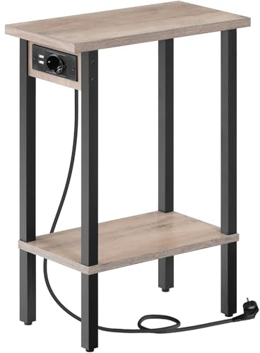 HOOBRO Table d’Appoint étroite, Bout de Canapé à 2 Niveaux avec Station de Charge, Table de Chevet avec Rangement, pour Petit Espace, Salon, Chambre, Bureau, Gris Patiné et Noir EBG240CBZ01