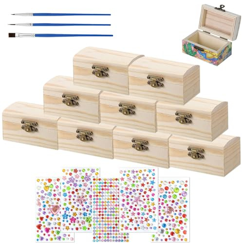 OUTALIZ Holzkiste Klein, 10 Stück Schatztruhe aus Holz, Holz Schmuckkästchen, Schatztruhe Ohne Gravur, Rechteckige Holzkiste, mit 5 Diamant Aufklebern, für Malerei, Dekoration und Kunsthandwer
