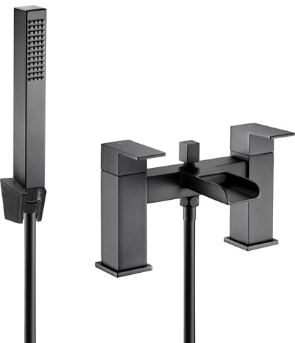 VeeBath Kinetic Square Waterfall Bath Shower Mixer – Matt Black Finish, Dual Lever Control, G1/2 BSP Inlet, Square Showerhead & Handheld Shower, Deck Mounted Bathroom Taps Pair
