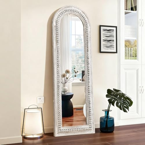 MWAZZLL Wall Mirror Full Length with Beaded Framed Arch Rustic Wood Floor Mirrors Decrorative Large 149x50cm for Bedroom Bathroom Living Room Entryway Dressing Room White