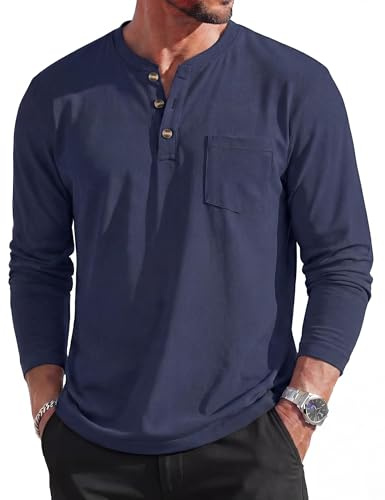 MAGCOMSEN Mens Long Sleeve Cotton T-Shirts Henley T-Shirt 3 Button Tops
