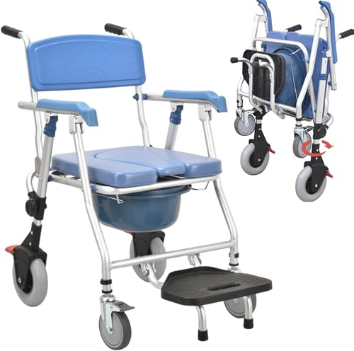 Miuxe Toilettenstuhl Mit Rollen Für Senioren Bis 150kg | Klappbarer Duschstuhl Toilettenstuhl Mit Bremse & Toiletteneimer | Fahrbarer WC-Stuhl Duschhocker Mit Armlehnen & Wasserdichtem Sitz