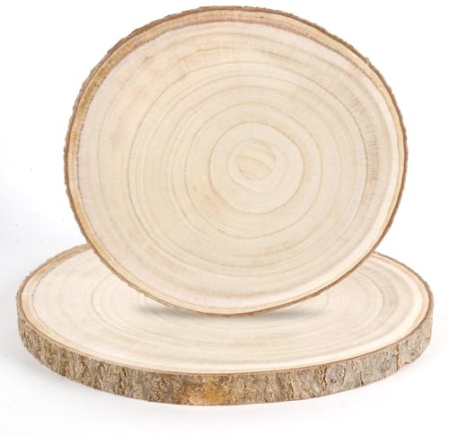 Dwitkul 2 Pezzi Fette di Legno Dischi Legno Senza Buco Diametro 28-30 cm Dischi in Legno Naturale Tronco da Decorare per Artigianato, Fai da Te, Sottobicchieri, Decorazioni Natalizie (Spessore 2 cm)