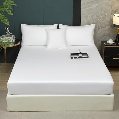 Luofanfei Mako Satin Baumwolle Spannbettlaken 180x200 Weiß Boxspringbett | Jahreszeiten Topper ÖKO-TEX Bettlaken,Kühlend Glatt Muster und Atmungsaktiv Spannbetttücher,für Hohe Matratze bis 25-30 cm