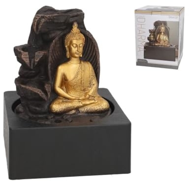 Fuente Decorativa de Buda Zen con Cascada, Base Negra, Dorado y Marrón, 18 × 18 × 23 cm